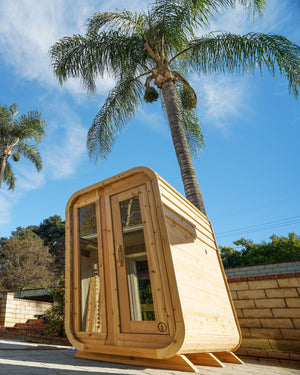Cedar cabin sauna with two glass front panels on a sunny patio beneath tall palm trees