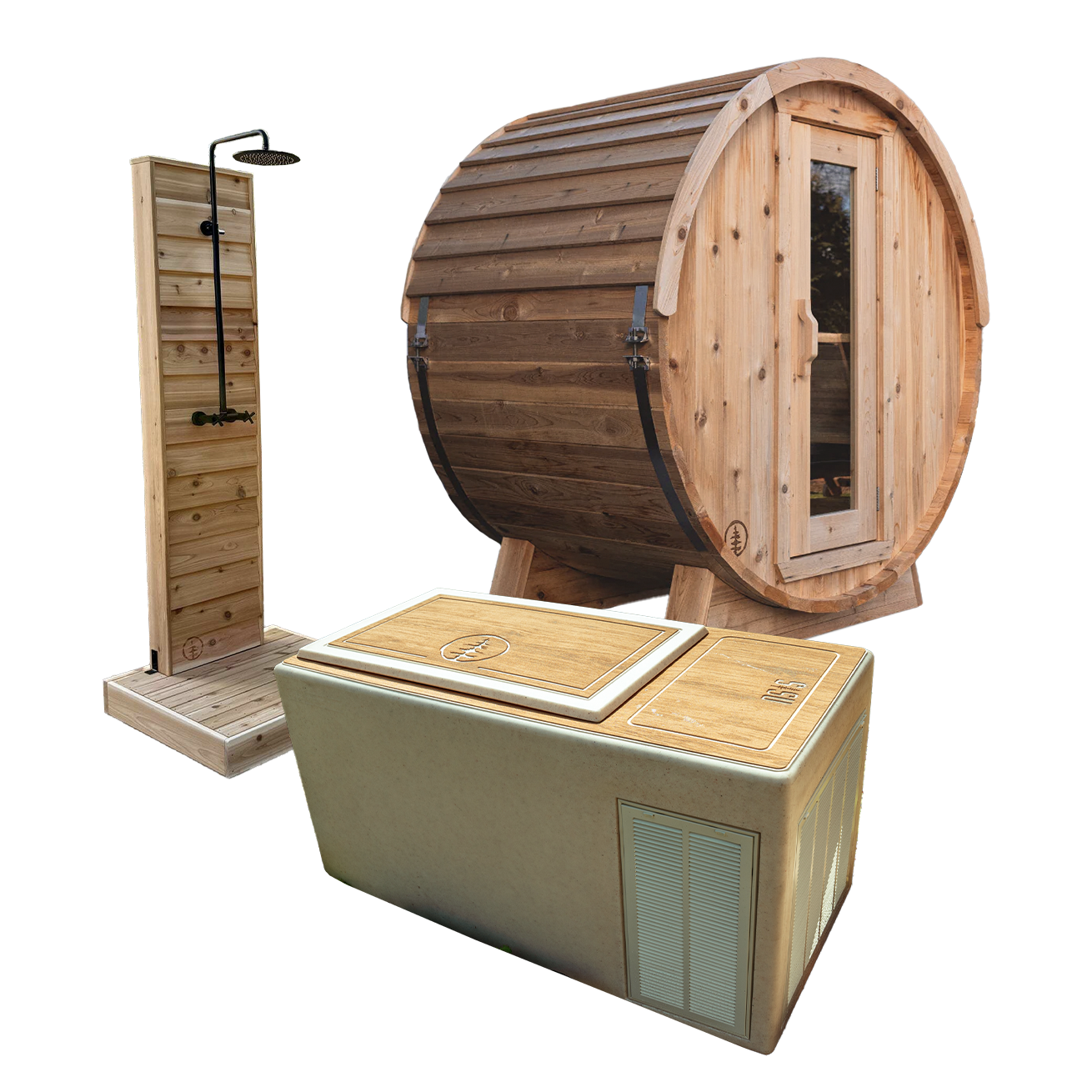 Eddy Barrel Sauna + The Drake Cold Plunge + Eden Shower Bundle