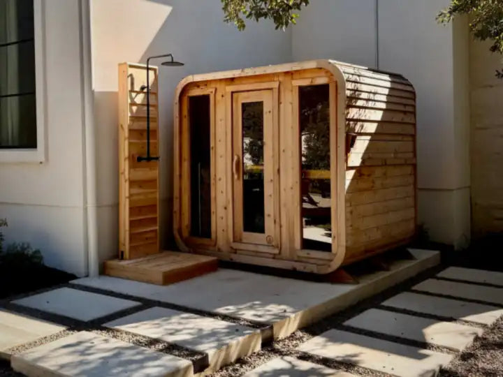 A SISU Crew cabin sauna with glass doors next to a cedar outdoor shower, on a sunny patio beside a white house.